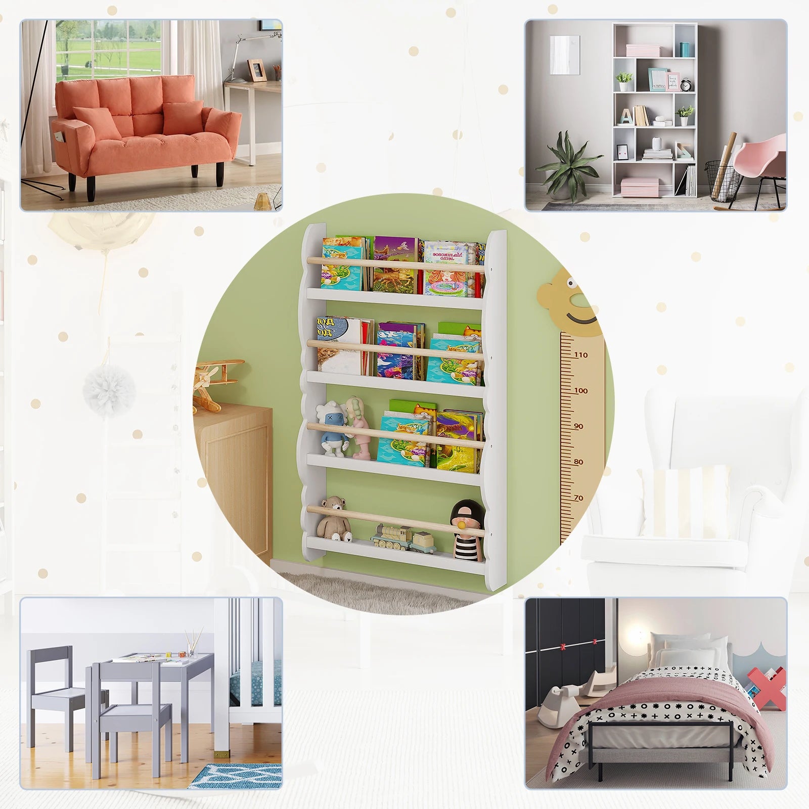 WOLTU Children's Bookshelf Kid's Bookcase Wall Shelf Book Organizer with 4 Shelves for Book Magazine Storage Kids Room Home