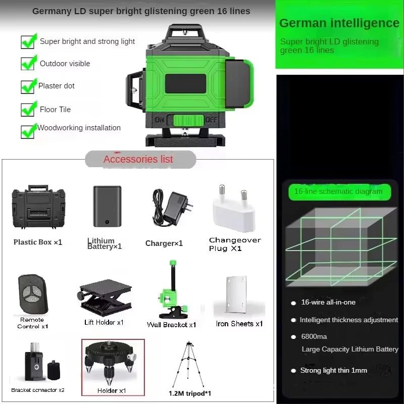 8/12/16 Lines Laser Level 3° Selfleveling Function Leveling Tool Omnidirectional Ground Wall Sticker Line with 1.2M Tripod Stand