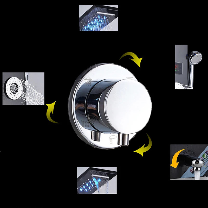 LED Light Bathroom Shower Faucet Set LED Rainfall Shower Panel System Bathtub Water Mixer Tap Massage SPA Temperature Screen