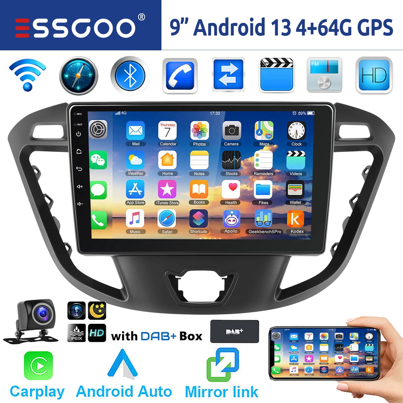 ESSGOO 9" Android 14 4+64G Car Stereo Carplay Android Auto GPS Wifi RDS Bluetooth For Ford Transit Custom 2012-2021 Touchscreen