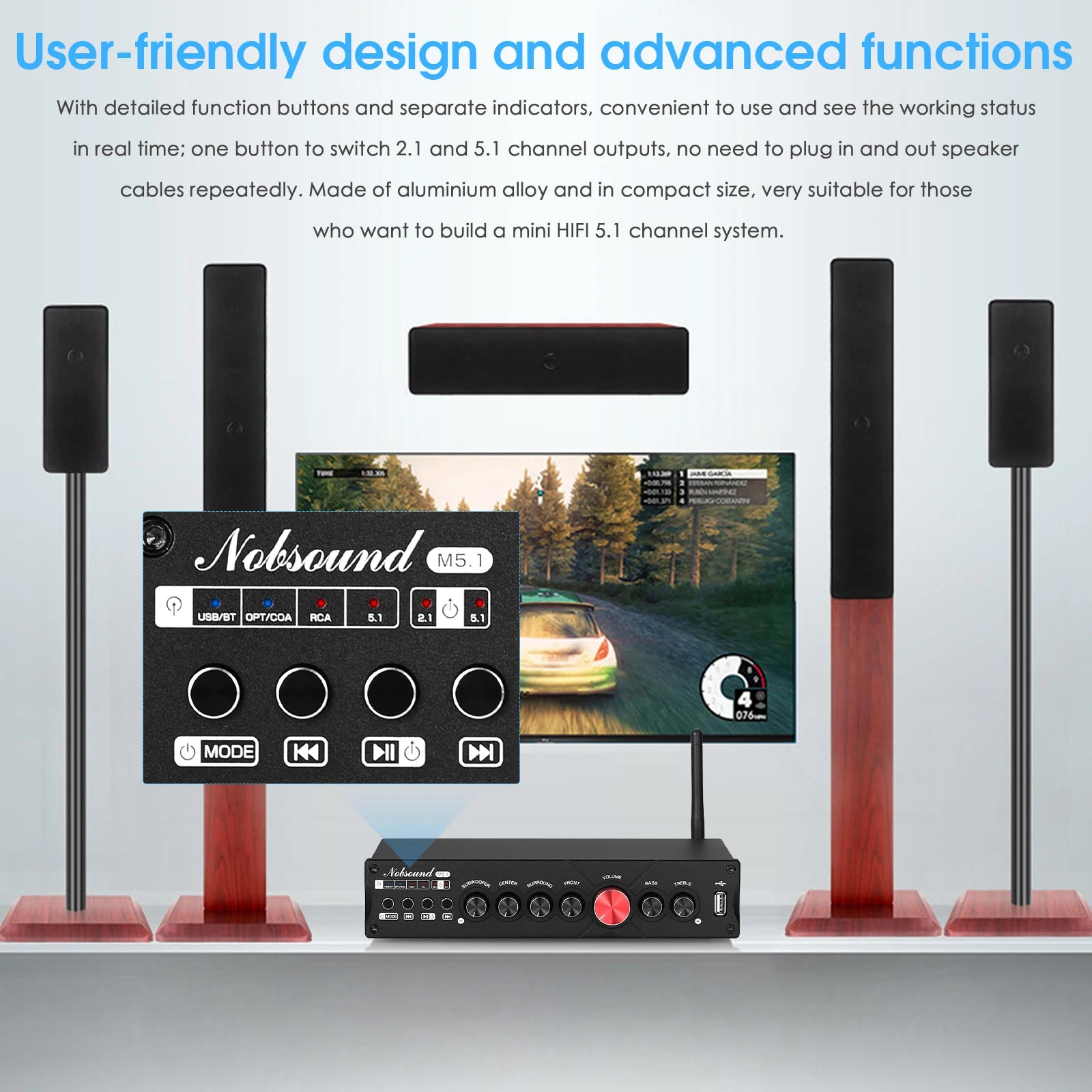Nobsound M5.1 Digital Bluetooth Receiver 5.1 Channel Coaxial/Optical Home Theater Power Amp U-disk Subwoofer Amplifier