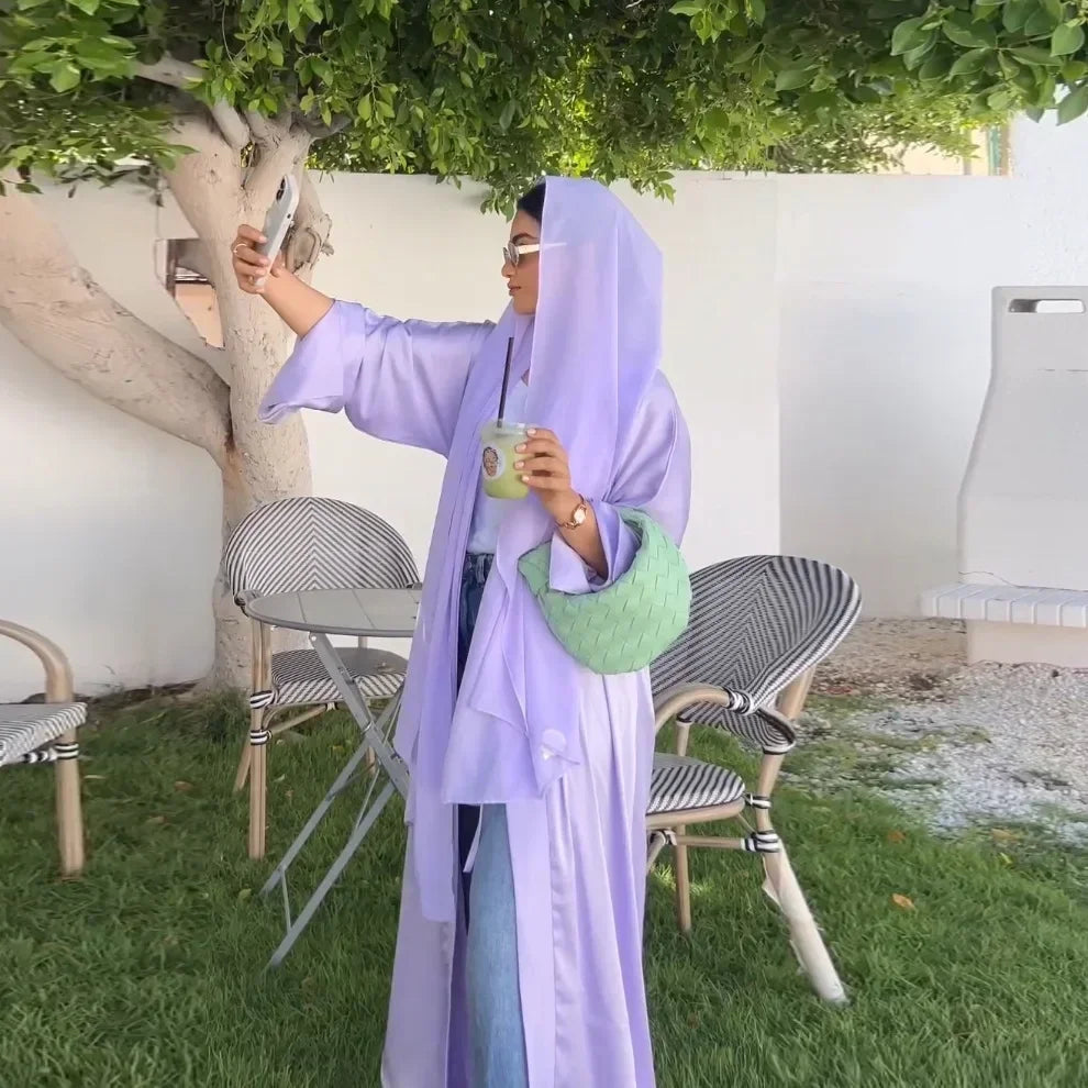 Muslim Women Pink Satin Kimono Abaya Damen Dubai Elegant Luxury Kaftan Modest Dress Islam Caftan Marocain Robe Femme Musulmane