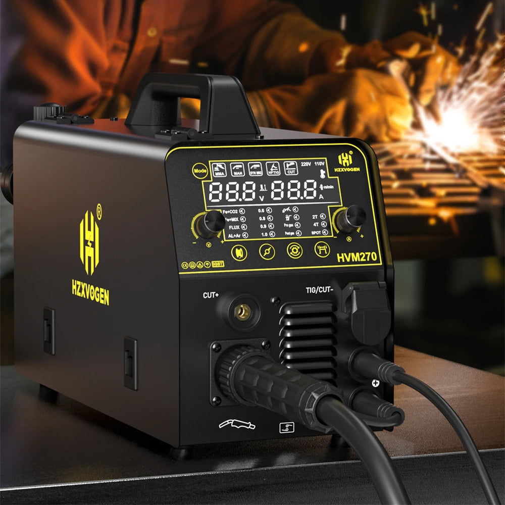 HZXVOGEN HVM270 6 in 1 Aluminum Welding Machine Cut/Gas MIG/Gasless MIG/HF TIG/MMA Digital Screen 2/4T Inverter Welder Stainless