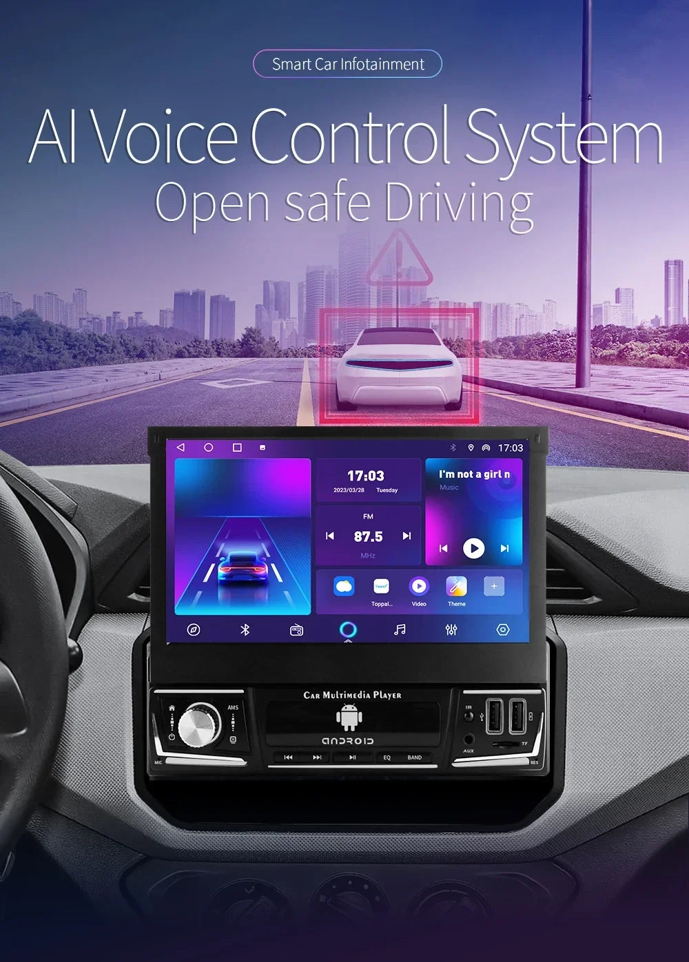 Android 14 Quad Core 2G 32G Single 1 Din Car Autoradio Player Universal Retractable Screen Car Radio WiFi MP5 Car GPS Navigation