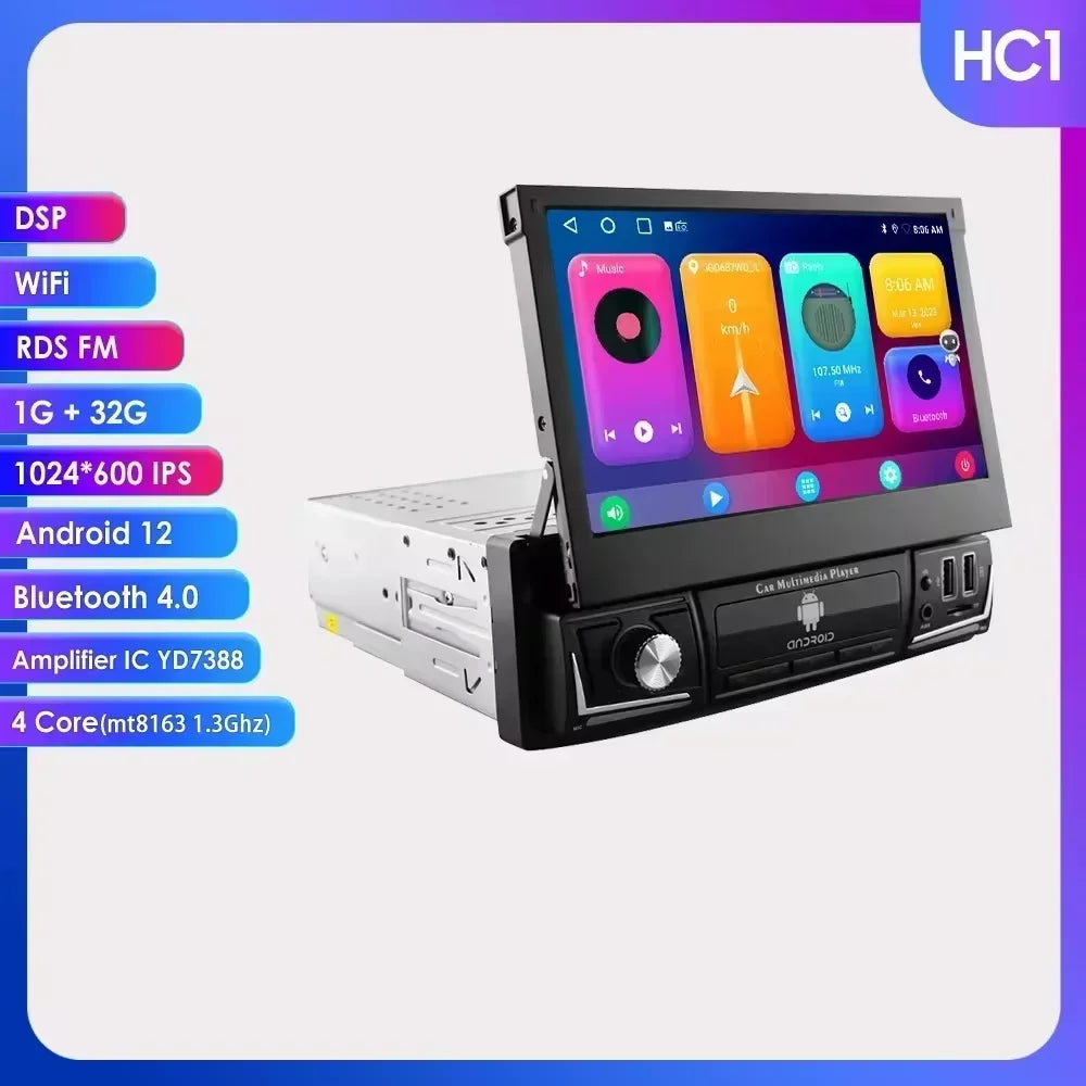 Android 14 Quad Core 2G 32G Single 1 Din Car Autoradio Player Universal Retractable Screen Car Radio WiFi MP5 Car GPS Navigation