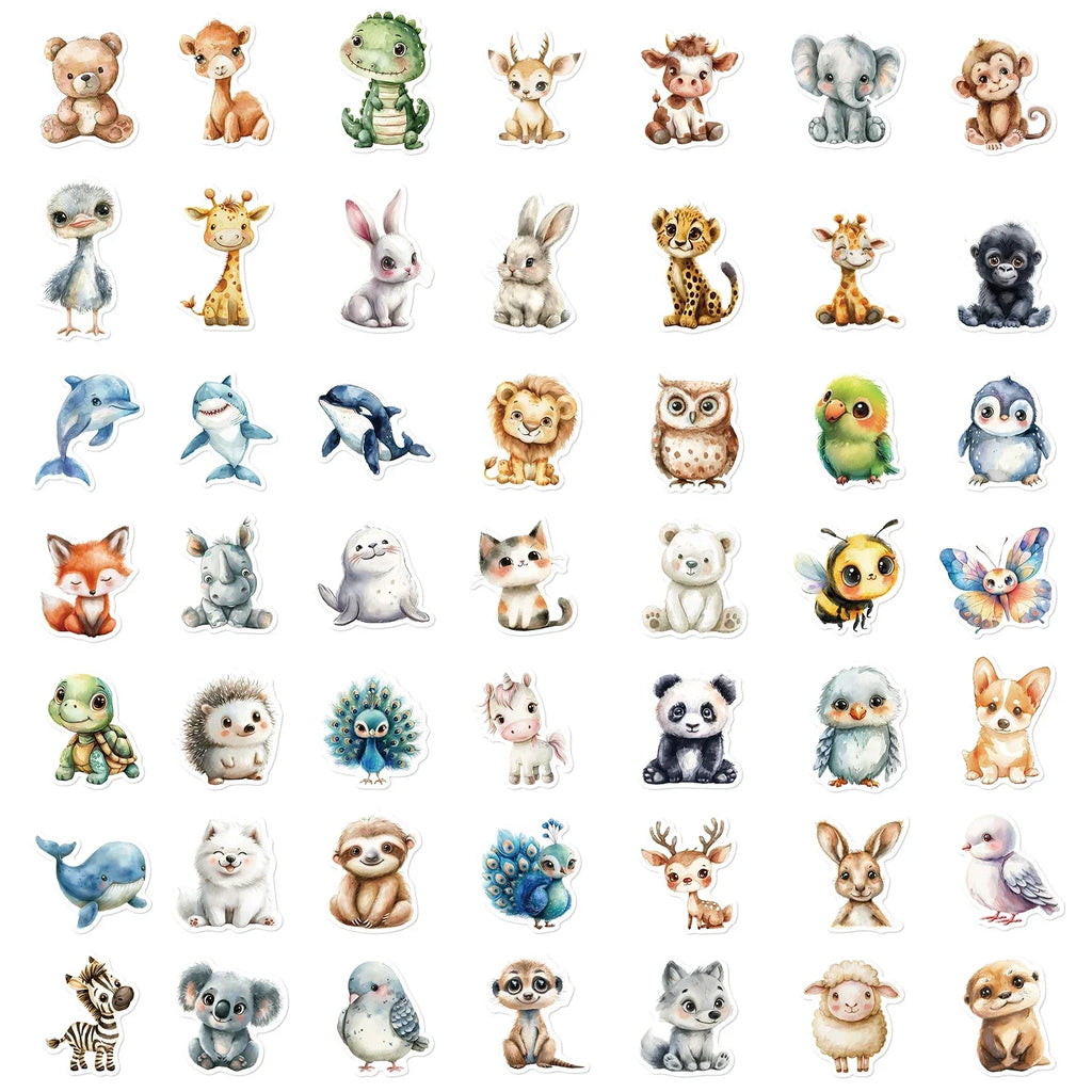 50PCS Cute watercolor animal cartoon graffiti sticker DIY skateboard phone laptop waterproof cool sticker, sticker toy
