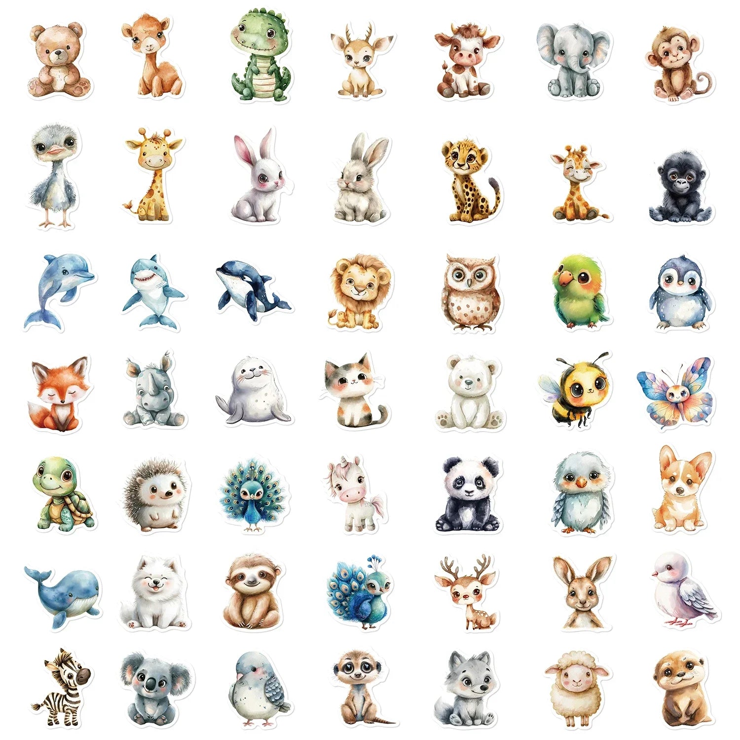 50PCS Cute watercolor animal cartoon graffiti sticker DIY skateboard phone laptop waterproof cool sticker, sticker toy