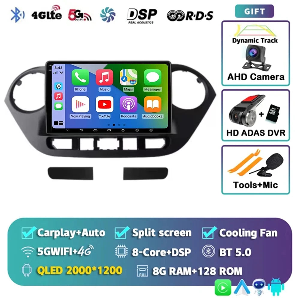 Android 14 For Hyundai i10 2 2013 -2018 LHD 2K QLED Stereo Car Radio Multimedia Video Player GPS AI Voice CarPlay 4G Navigation