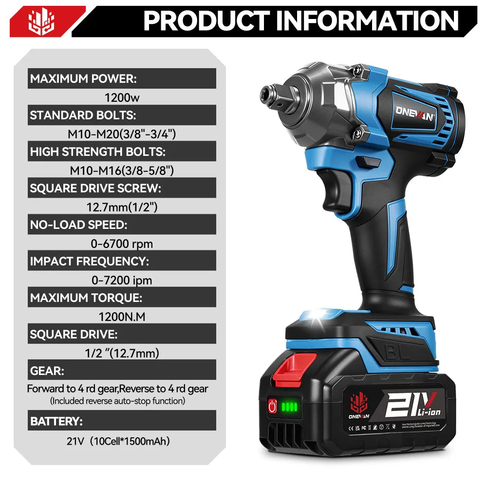 ONEVAN 1200N.M Brushless 1/2 inch Electric Impact Wrench, 3-Function Cordless Drill Screwdriver Tools for Makita 18V Battery