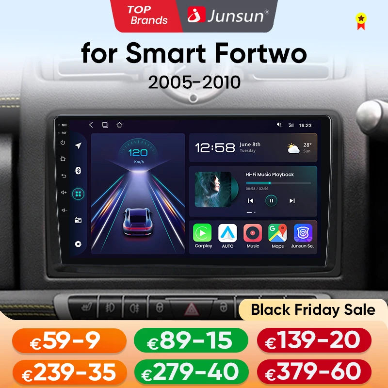 Junsun Android 14 Car Radio for Mercedes Benz Smart Fortwo 451 2005-2010 Stereo with Apple Wireless CarPlay Multimedia GPS FM RDS 4G