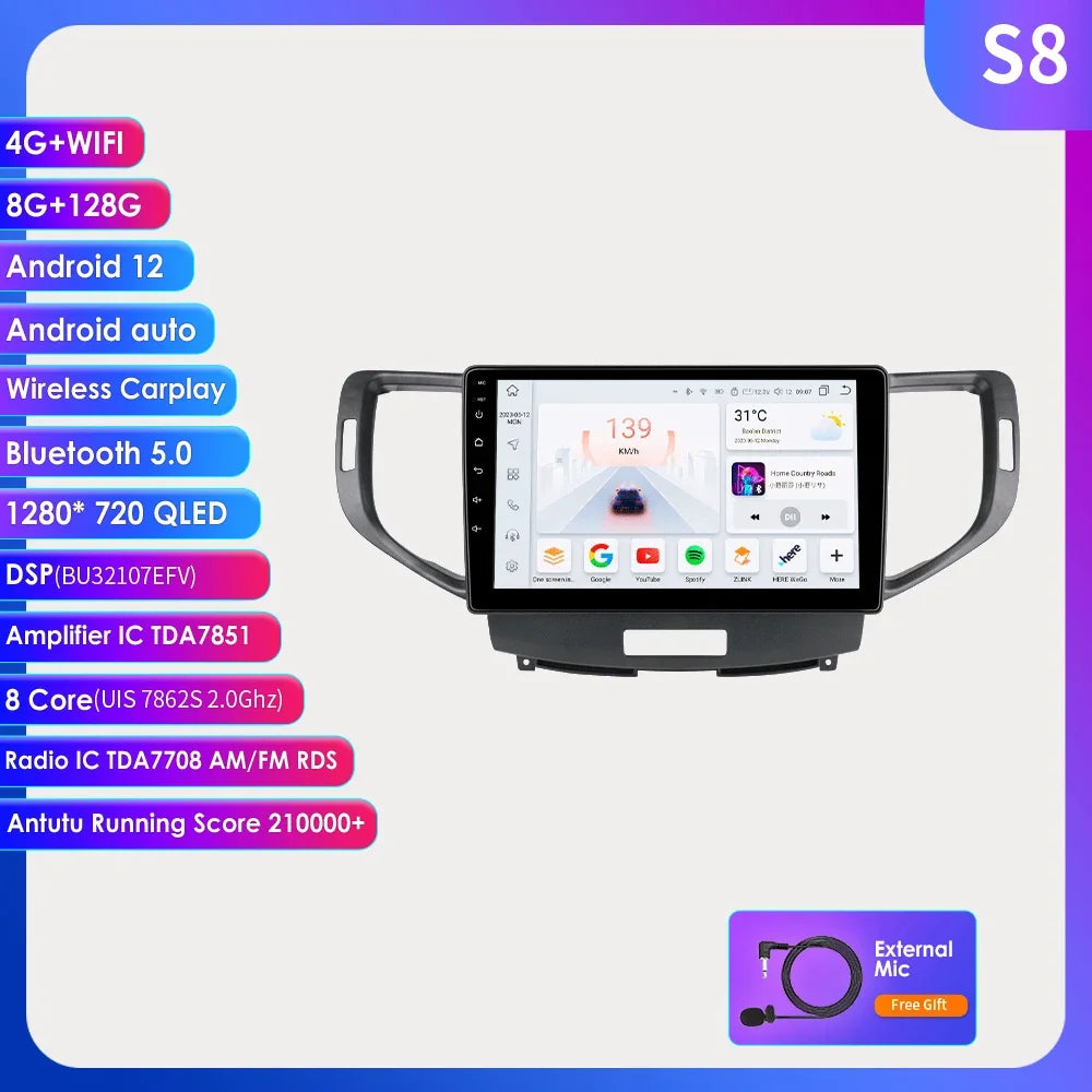 Android 12 for Honda Accord 8 Acura TSX 2008-2012 Auto radio Multimedia Video player GPS navigation Stereo 2din RDS DSP Carplay