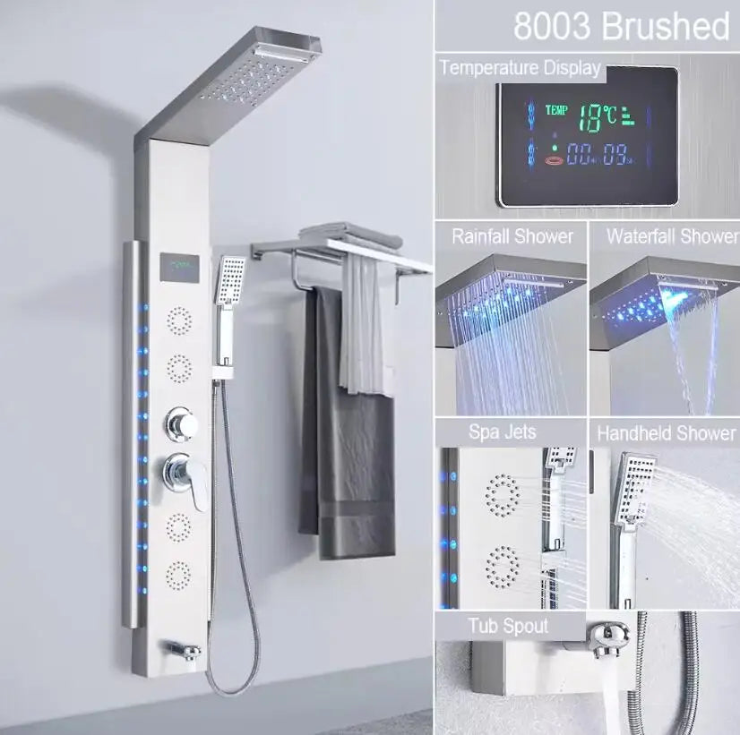 Rain Waterfall LED Shower Panel Black Shower Column Tower Digital Screen TEMP Mixer Tap Spray Bidet Shower Mixer Faucet