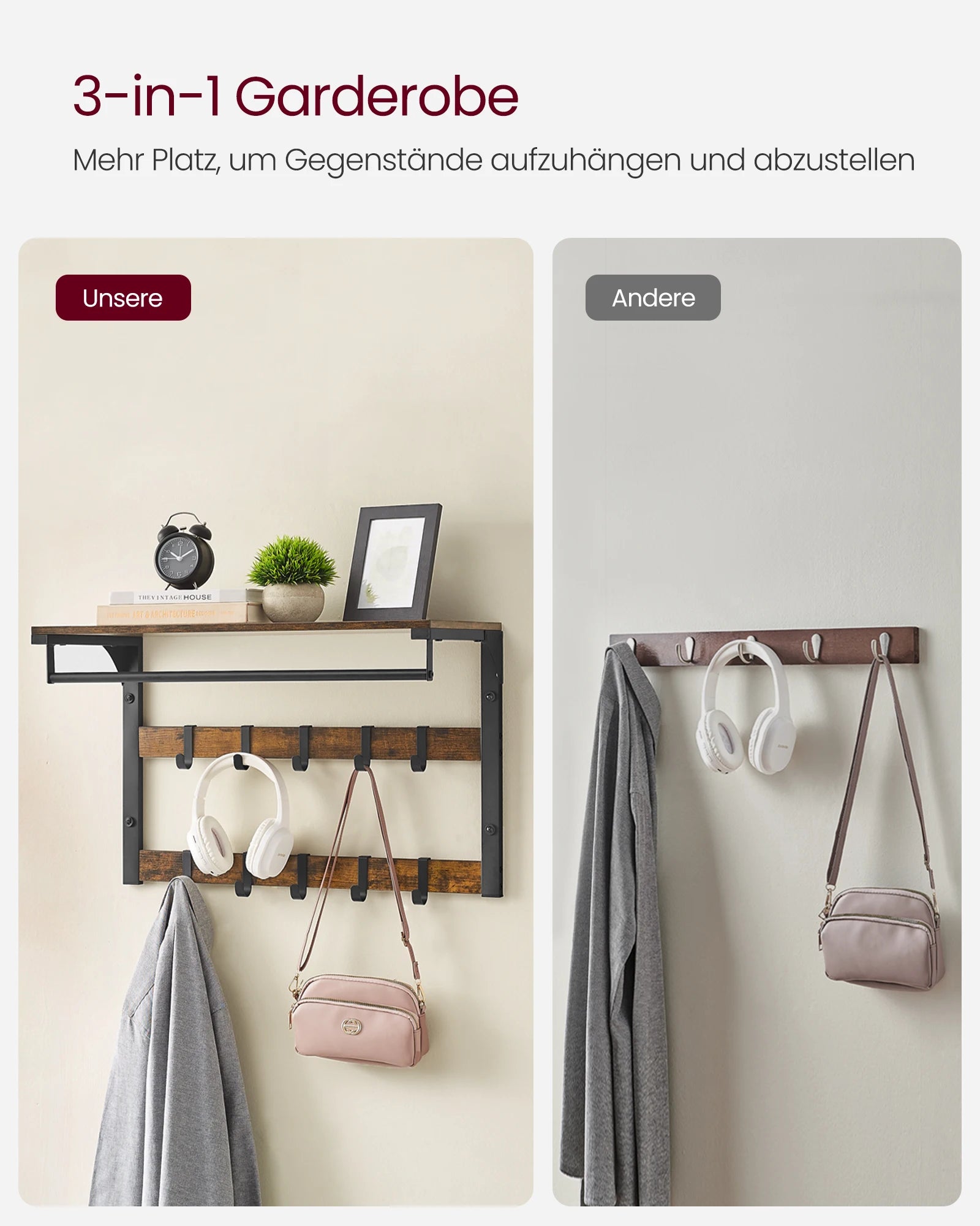 VASAGLE Wall wardrobe with Shelf Wall Shelf with 10 Removable Hooks Hangers No Matter Wall Mounted 2 Cloakroom Lits