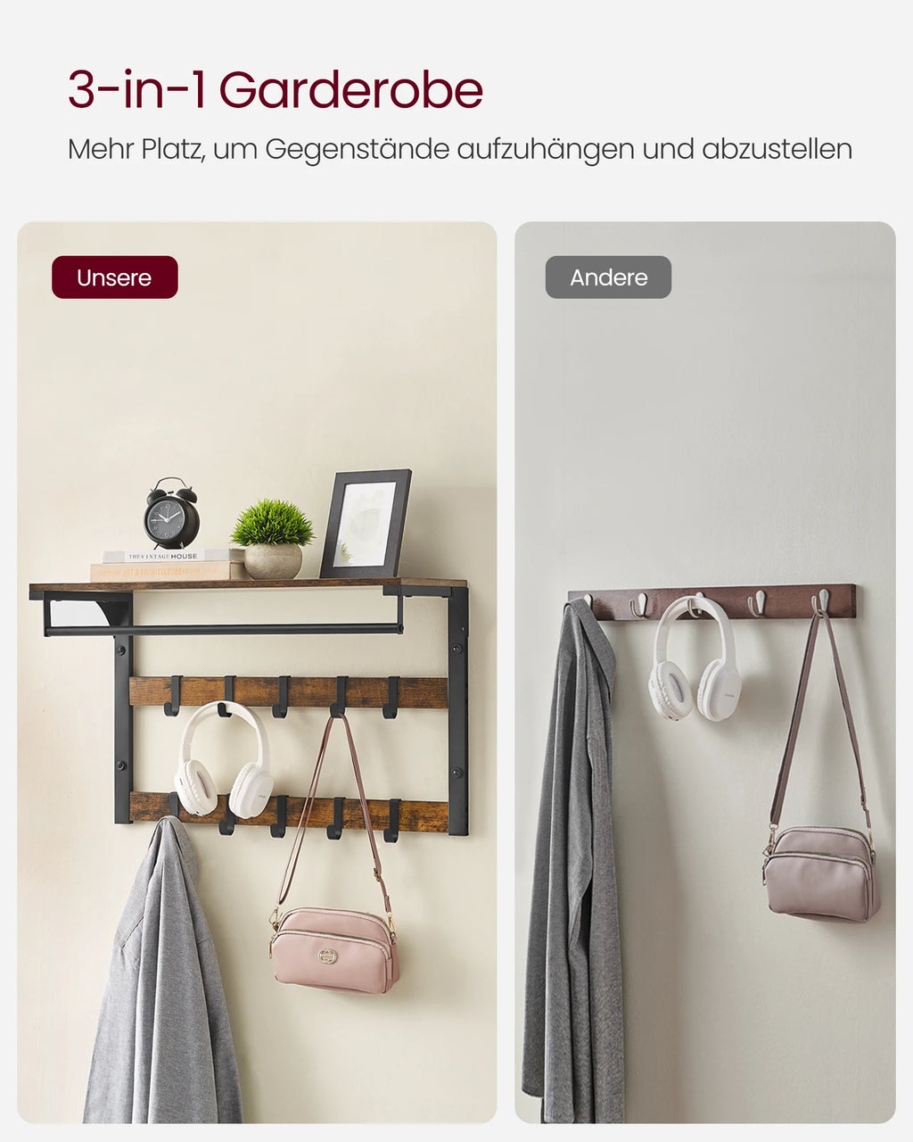 VASAGLE Wall wardrobe with Shelf Wall Shelf with 10 Removable Hooks Hangers No Matter Wall Mounted 2 Cloakroom Lits