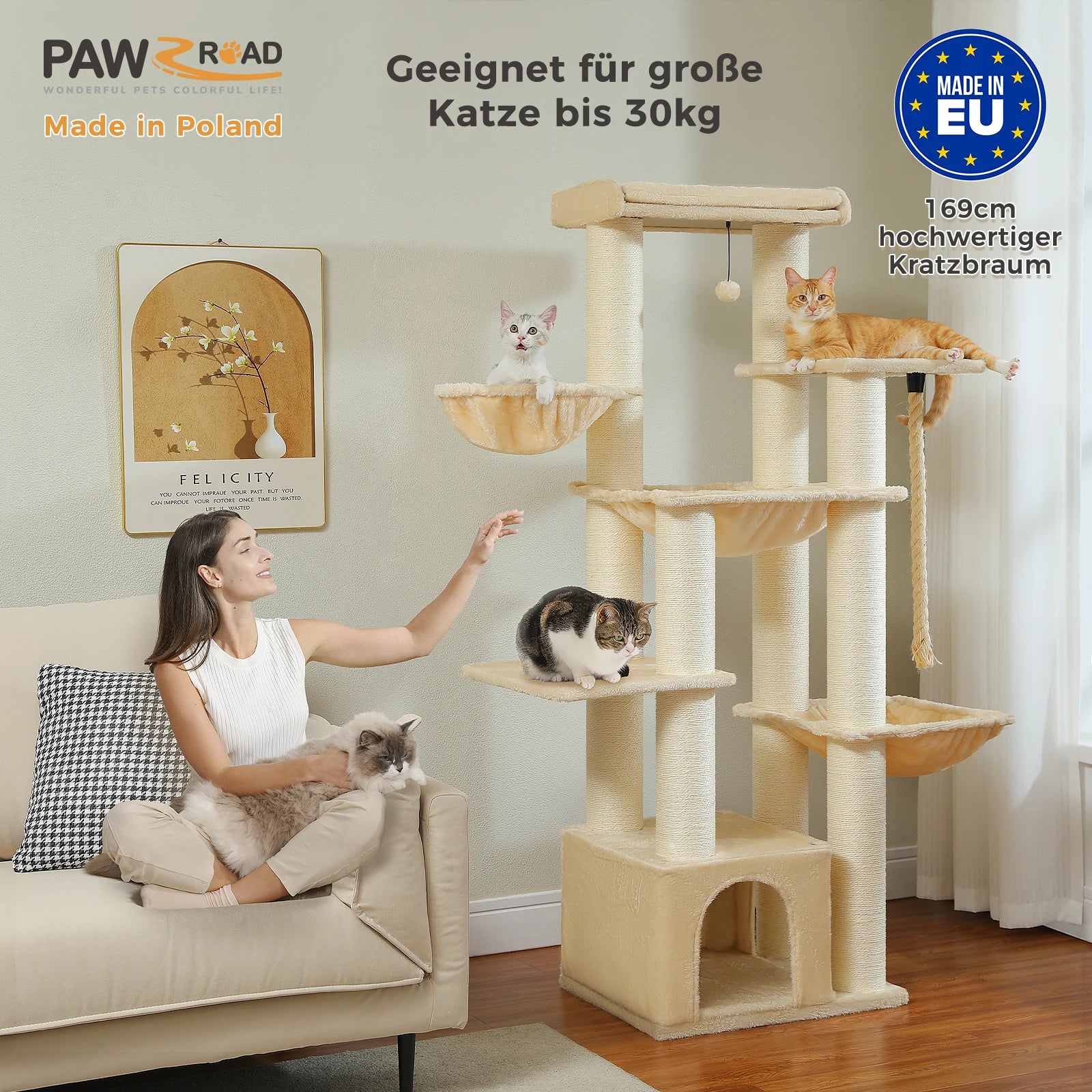 Big Cat Tree Tower for Large Cats Robust with Several Levels Cat House Climbing Tree with Hammock 11 Sisal Posts Large Perch