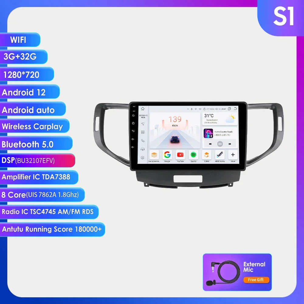 Android 12 for Honda Accord 8 Acura TSX 2008-2012 Auto radio Multimedia Video player GPS navigation Stereo 2din RDS DSP Carplay