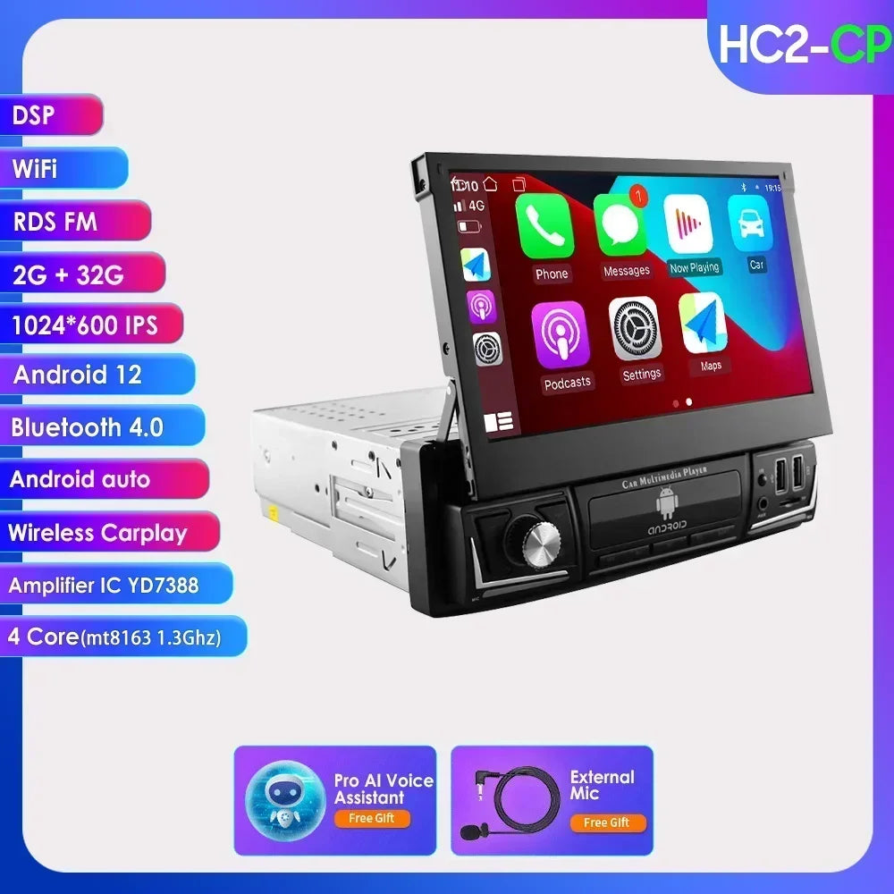 Android 14 Quad Core 2G 32G Single 1 Din Car Autoradio Player Universal Retractable Screen Car Radio WiFi MP5 Car GPS Navigation