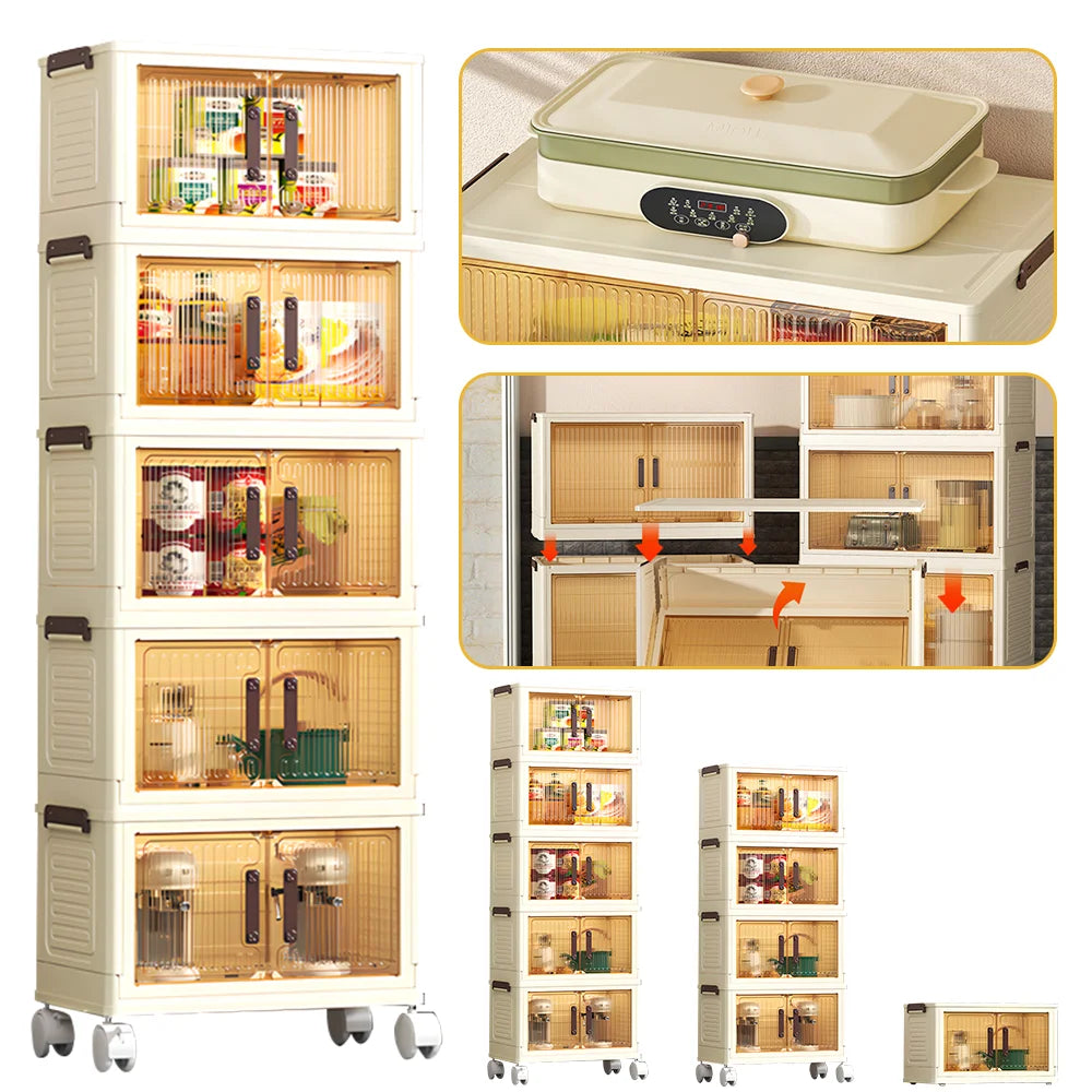 Storage Box Folding Storage Cabinet Dustproof with Swivel Wheels for Kitchen, Bedroom, Living Room