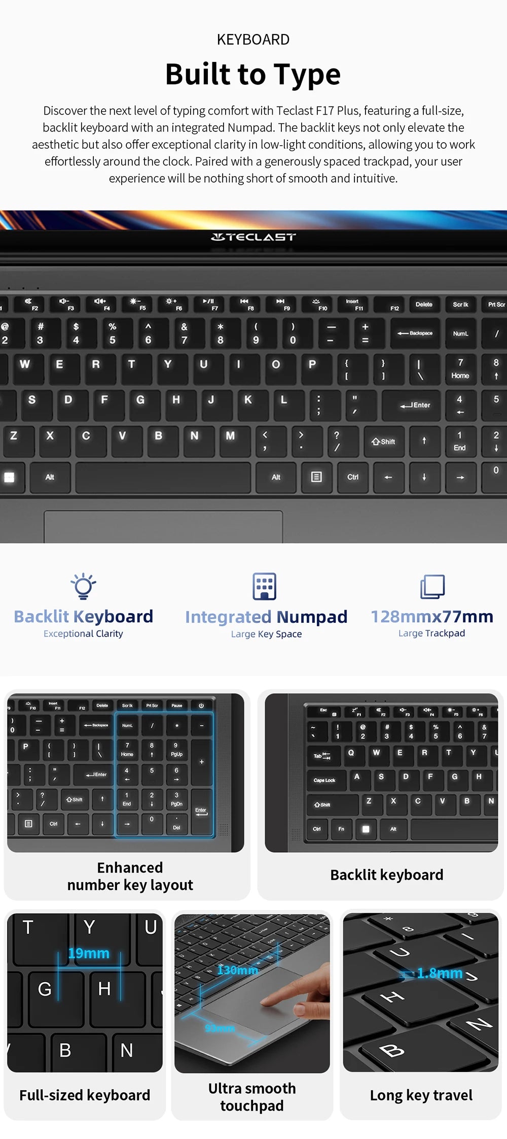 Teclast F17Plus Laptop, 17.3 Inches, for Intel N150, 16Gb Ram 512Gb Ssd, Windows 11 Pro, Notebook with 180 Rotation °   Mini-Hdmi Backlit Keyboard