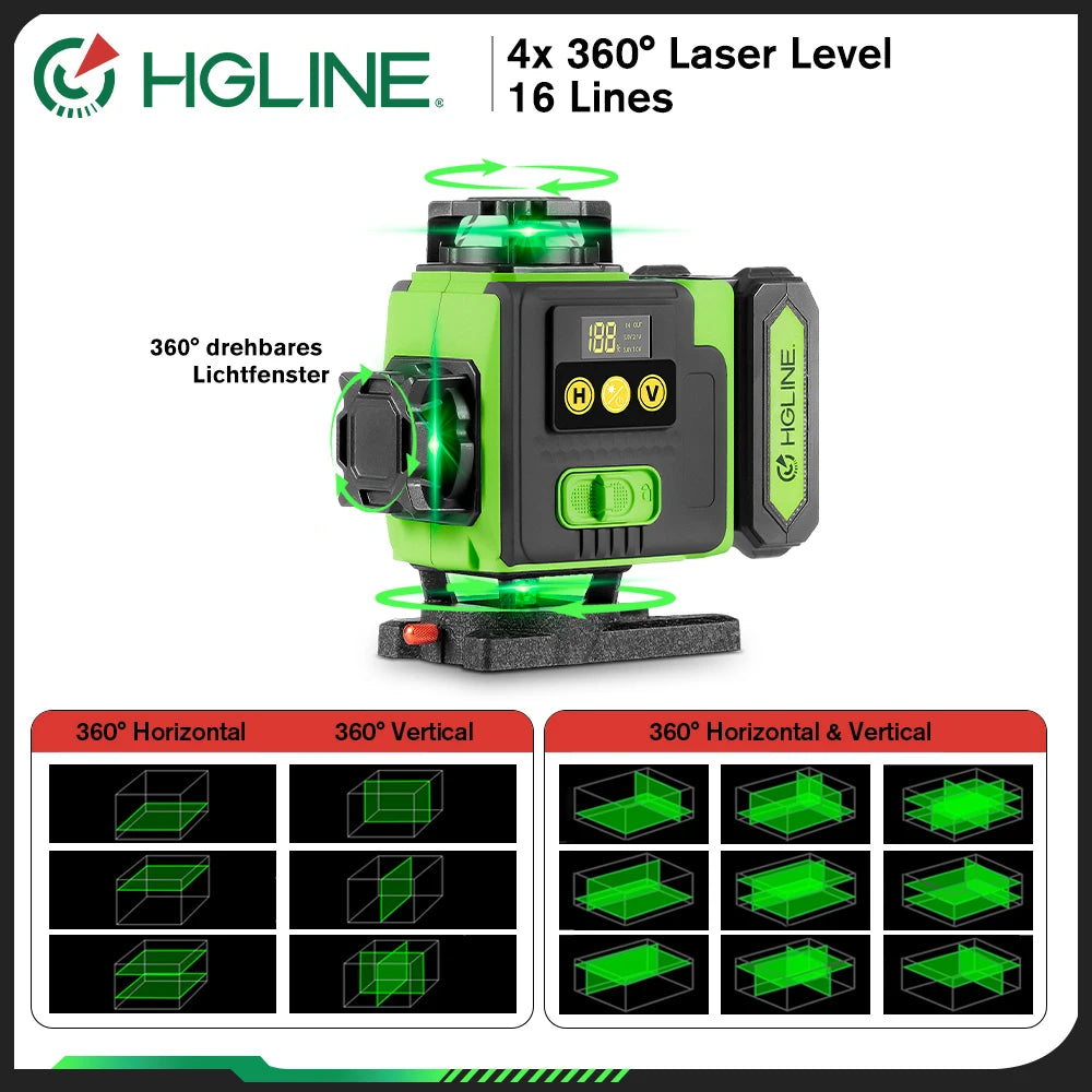 HGLINE 16 Lines 4D Laser Level Rotatable Leveling Machine Rechargeable Automatic Leveling Tool 2X6000mAh Battery Set With Tripod