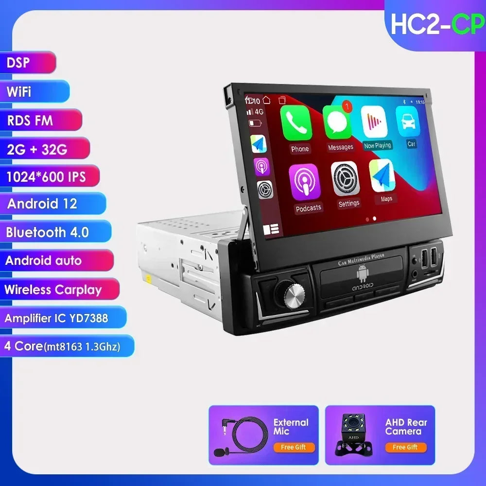 Android 14 Quad Core 2G 32G Single 1 Din Car Autoradio Player Universal Retractable Screen Car Radio WiFi MP5 Car GPS Navigation