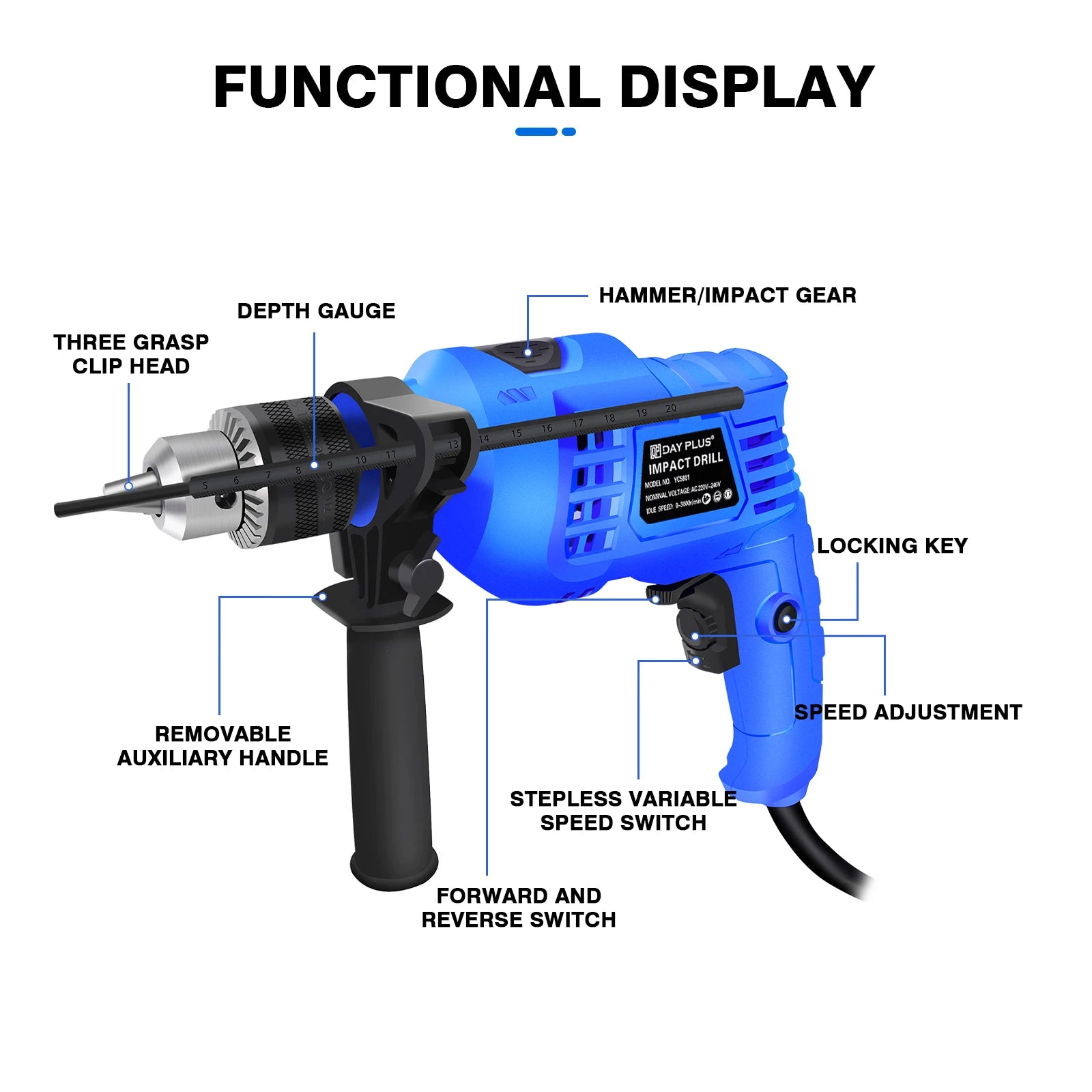 Power Electric Hammer Drill, 2 in 1 Function Rotary Hammer Drill, Variable Speed with Impact Drill Bit，360° Rotating Handle