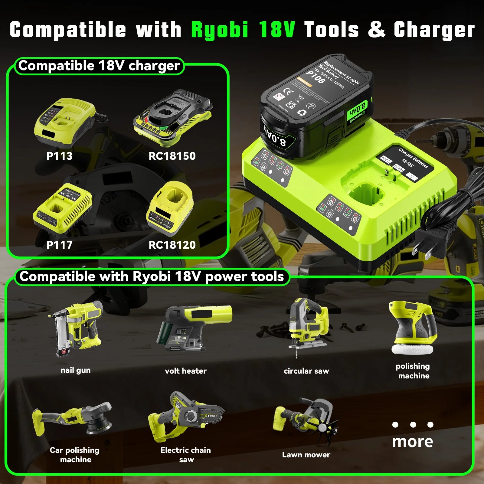6000mAh For RYOBI 18V Li-Ion Replacement For Ryobi P108 P107 P108 RB18L50 RB18L20 Power Tool Rechargeable Battery And Charger