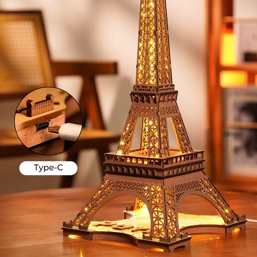 Robotime Rolife Night of the Eiffel Tower 3D Wooden Puzzle for Teens Adult Miniature Views of Famous Buildings Toys Decoration