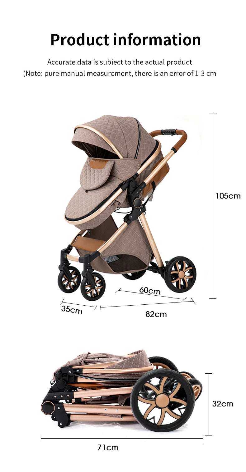 Luxurious Baby Stroller 3 in 1 Portable Travel Baby Carriage Folding Prams High Landscape Aluminum Frame Car for Newborn Baby