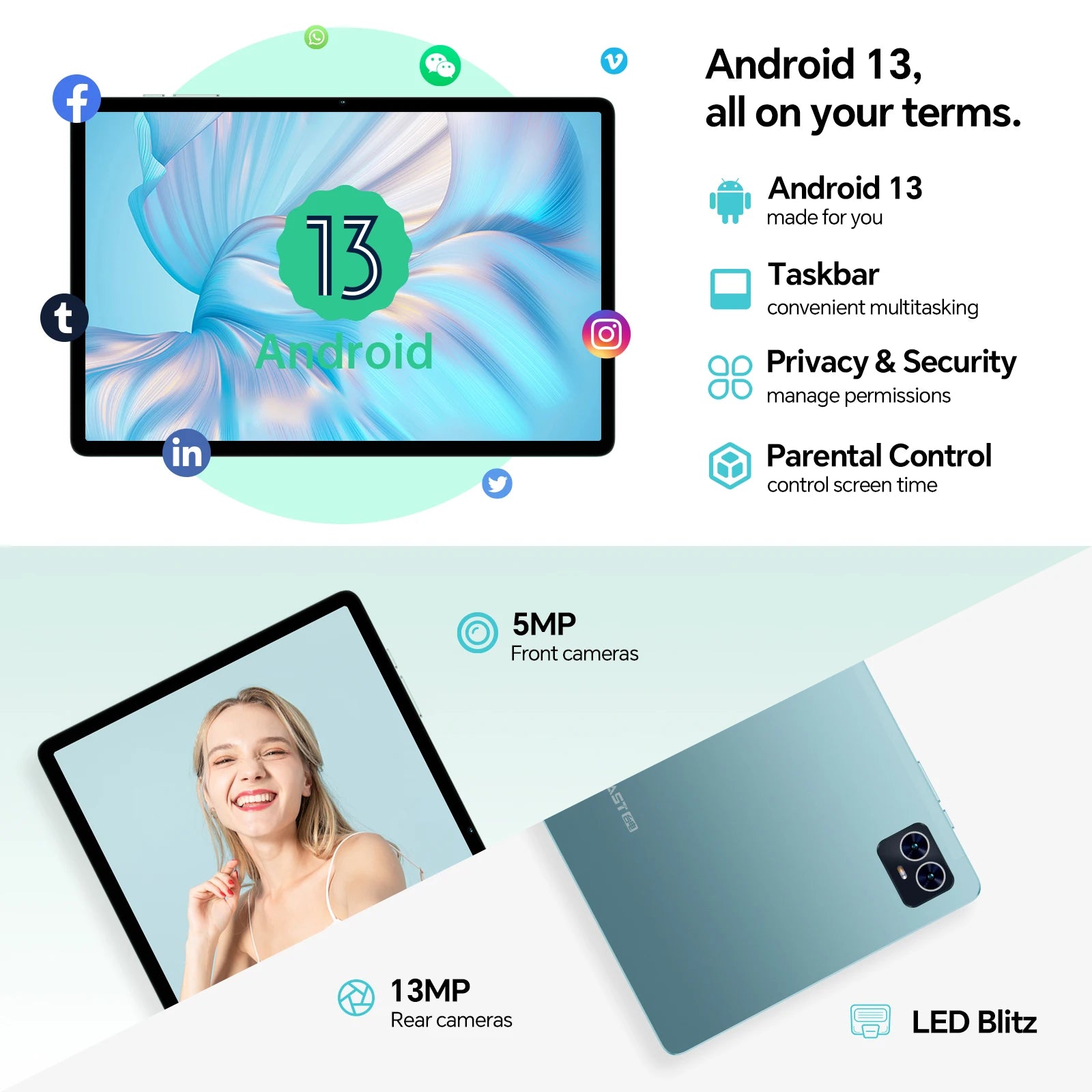 Teclast M50 Pro, Android 13 Tablet Pc, Unisoc T616 10.1 Inch, Eight Cores, 1920X1200 Fhd, (8Gb+8Gb)Max.16Gb Ram, 256Gb Rom, 4g Network, Dual Wifi, 6000Mah