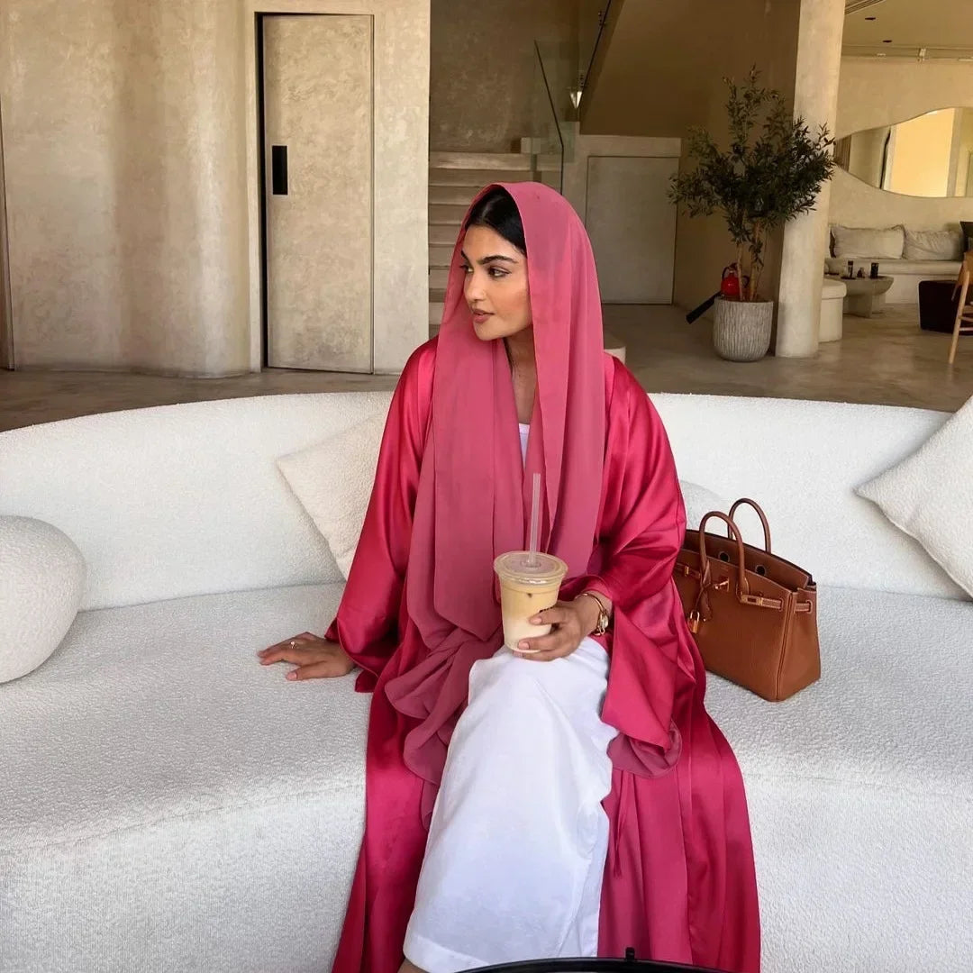Muslim Women Pink Satin Kimono Abaya Damen Dubai Elegant Luxury Kaftan Modest Dress Islam Caftan Marocain Robe Femme Musulmane