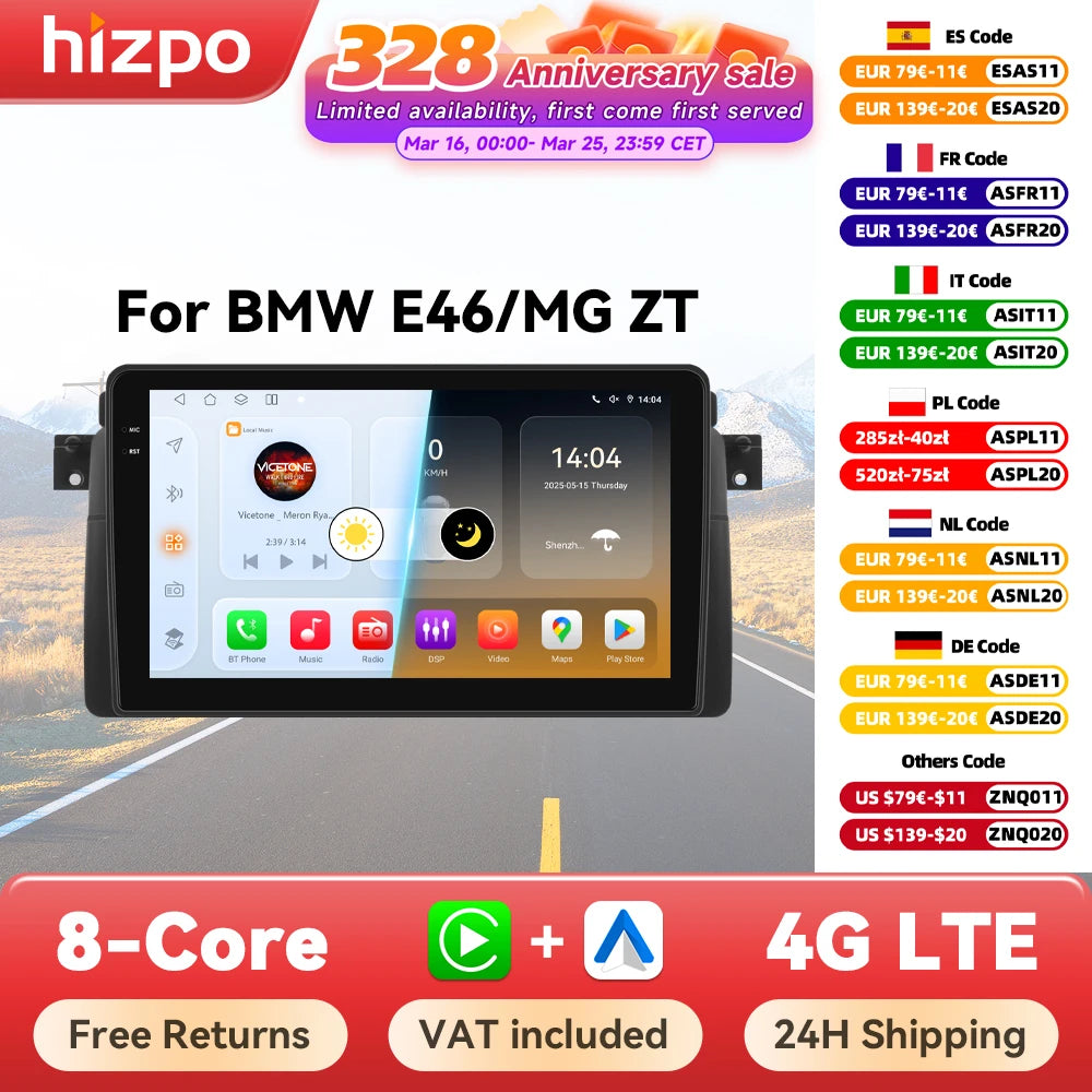 Hizpo Android Auto Car Multimedia Radio For BMW E46 M3 318/320/325/330/335 4G CarPlay GPS 2din Autoradio Navigation Wifi DSP RDS