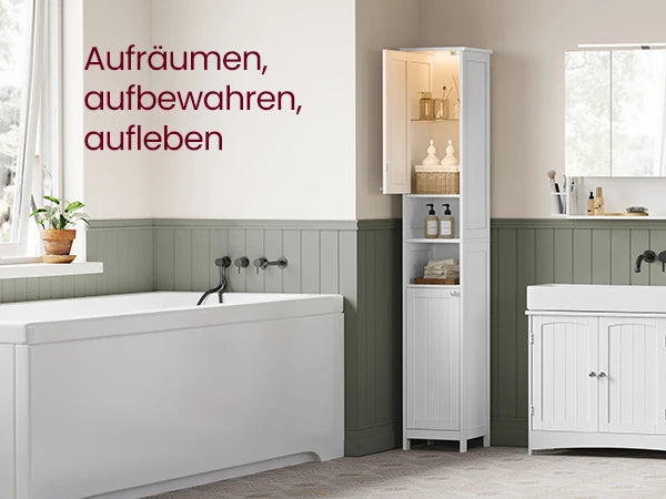 VASAGLE bathroom chest of drawers, bathroom cabinet with lighting, adjustable shelves