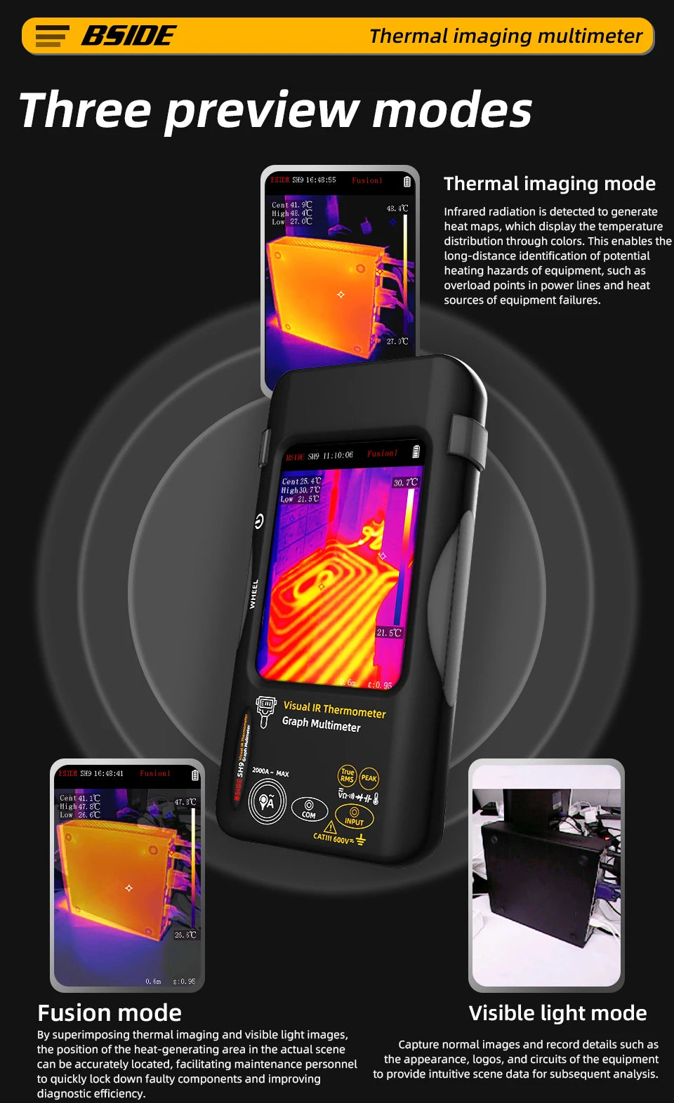 BSIDE SH7 320*320 Thermal Imager Camera 20000 Counts Touchscreen Digital Multimeter 2 in 1 IR Camera for Macro lens Repair PCB