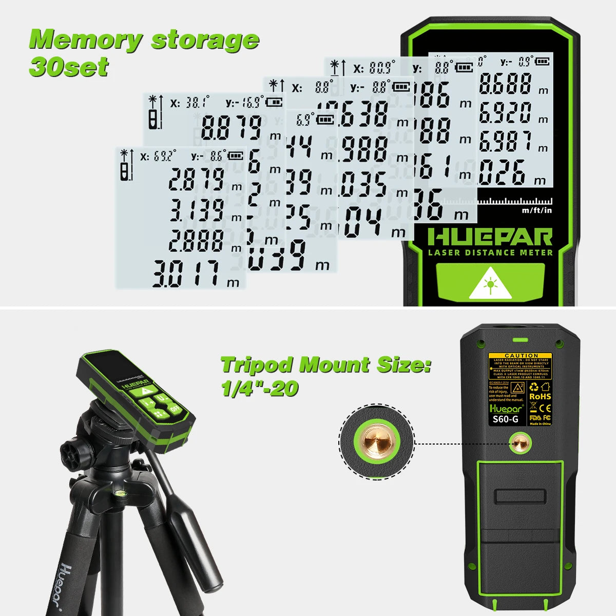 Huepar S60-G Digital Green Laser Distance Meter 60M Laser Tape Measure Rangefinder With LCD Angle Sensor Measuring Tools