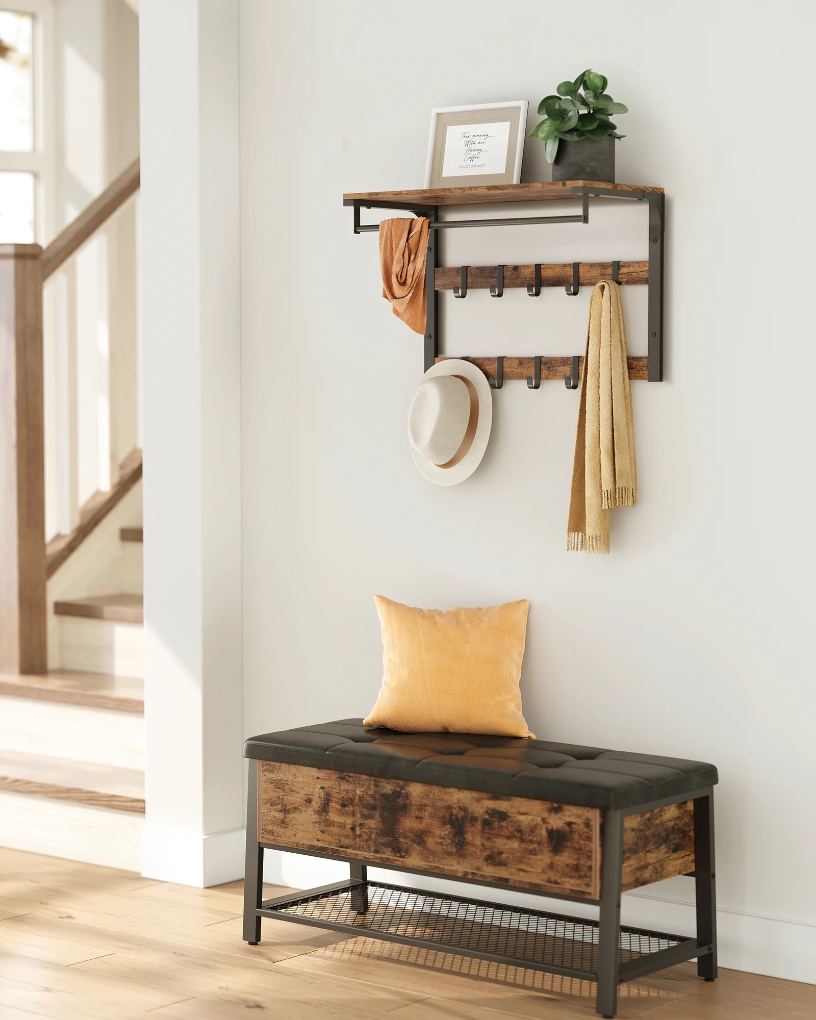VASAGLE Wall wardrobe with Shelf Wall Shelf with 10 Removable Hooks Hangers No Matter Wall Mounted 2 Cloakroom Lits