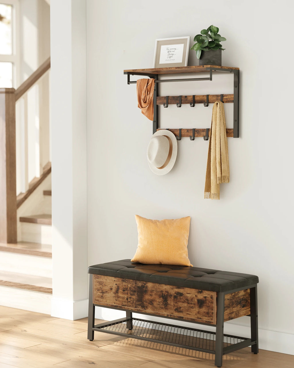 VASAGLE Wall wardrobe with Shelf Wall Shelf with 10 Removable Hooks Hangers No Matter Wall Mounted 2 Cloakroom Lits