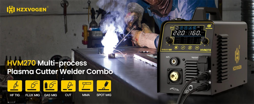 HZXVOGEN HVM270 6 in 1 Aluminum Welding Machine Cut/Gas MIG/Gasless MIG/HF TIG/MMA Digital Screen 2/4T Inverter Welder Stainless