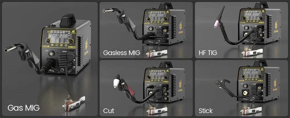 HZXVOGEN HVM270 6 in 1 Aluminum Welding Machine Cut/Gas MIG/Gasless MIG/HF TIG/MMA Digital Screen 2/4T Inverter Welder Stainless