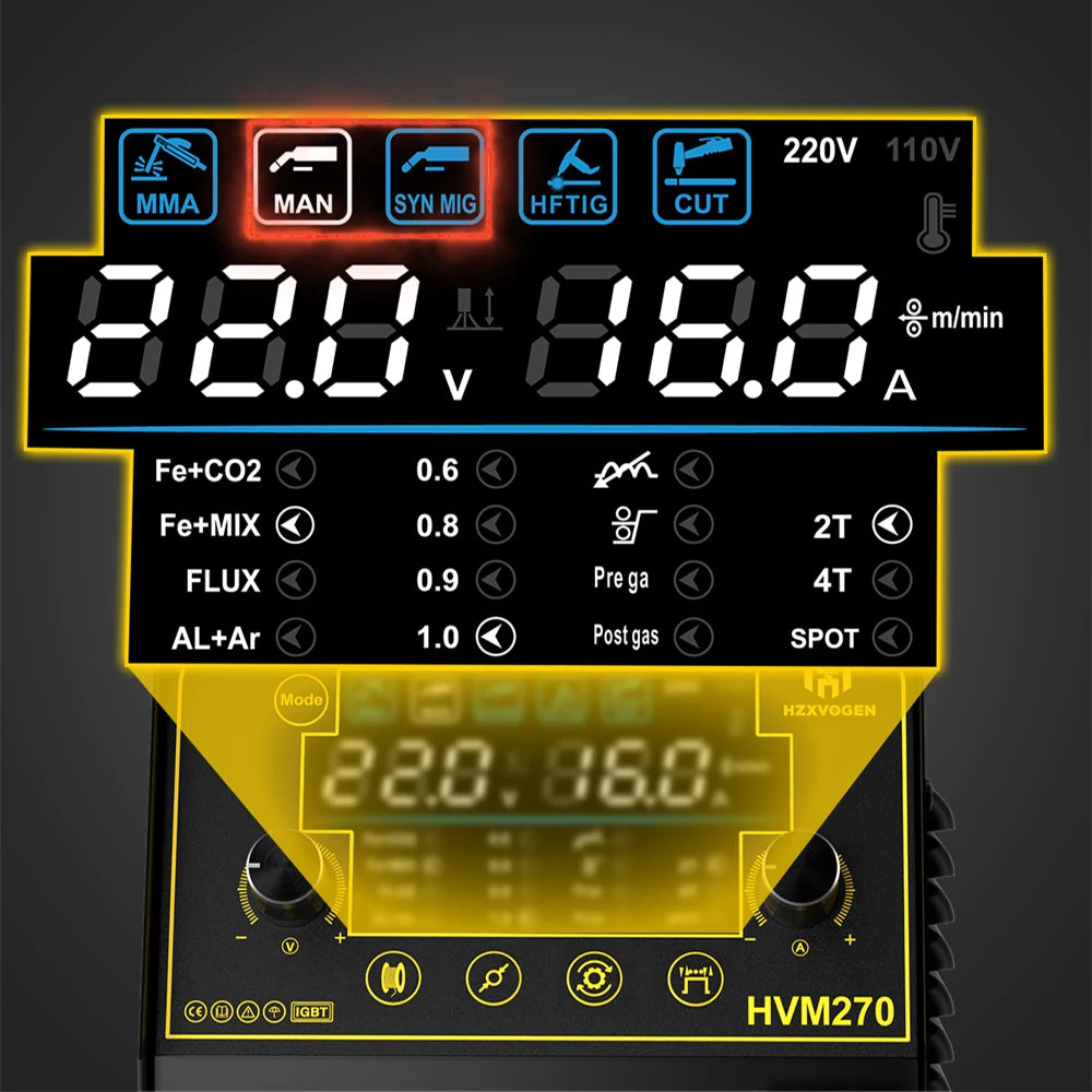 HZXVOGEN HVM270 6 in 1 Aluminum Welding Machine Cut/Gas MIG/Gasless MIG/HF TIG/MMA Digital Screen 2/4T Inverter Welder Stainless