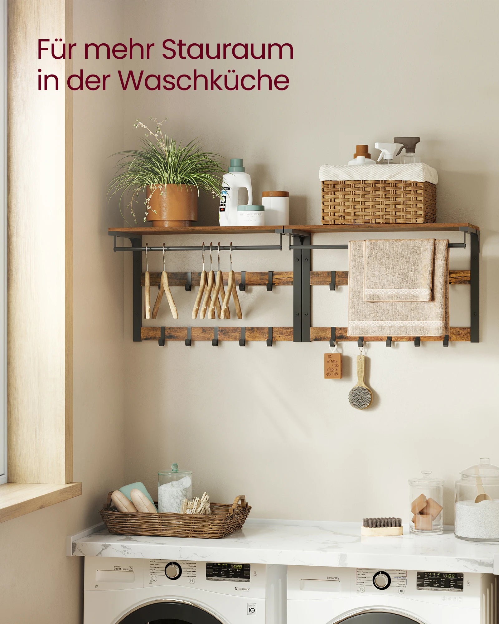 VASAGLE Wall wardrobe with Shelf Wall Shelf with 10 Removable Hooks Hangers No Matter Wall Mounted 2 Cloakroom Lits