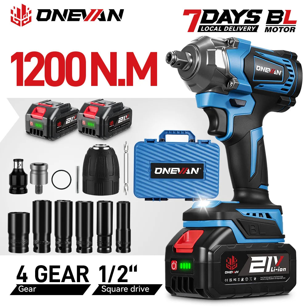 ONEVAN 1200N.M Brushless 1/2 inch Electric Impact Wrench, 3-Function Cordless Drill Screwdriver Tools for Makita 18V Battery