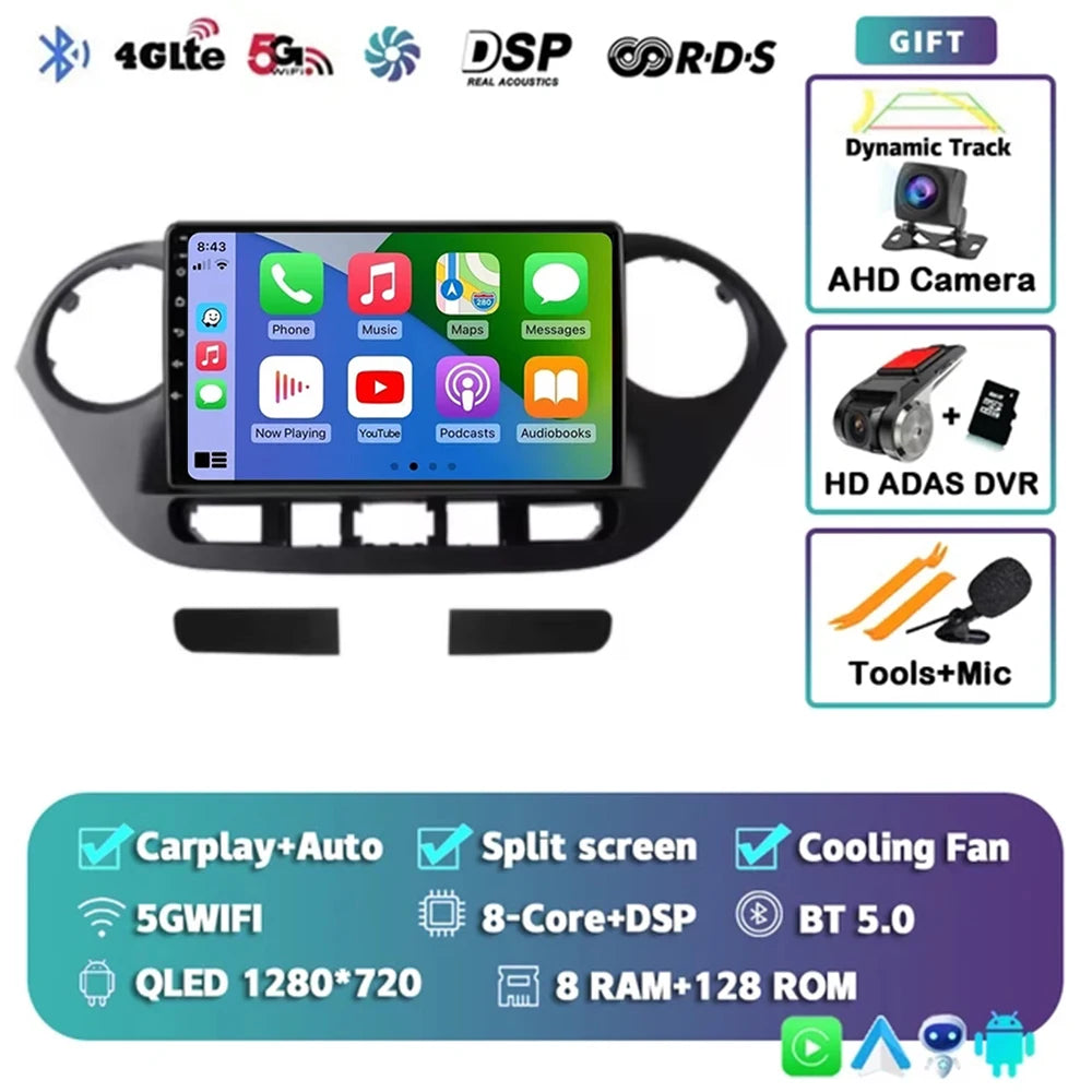 Android 14 For Hyundai i10 2 2013 -2018 LHD 2K QLED Stereo Car Radio Multimedia Video Player GPS AI Voice CarPlay 4G Navigation