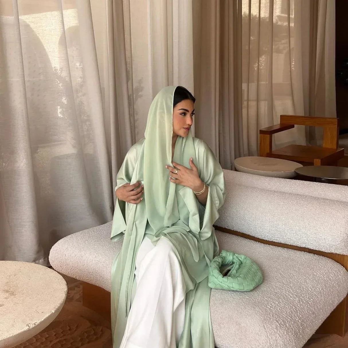 Muslim Women Pink Satin Kimono Abaya Damen Dubai Elegant Luxury Kaftan Modest Dress Islam Caftan Marocain Robe Femme Musulmane