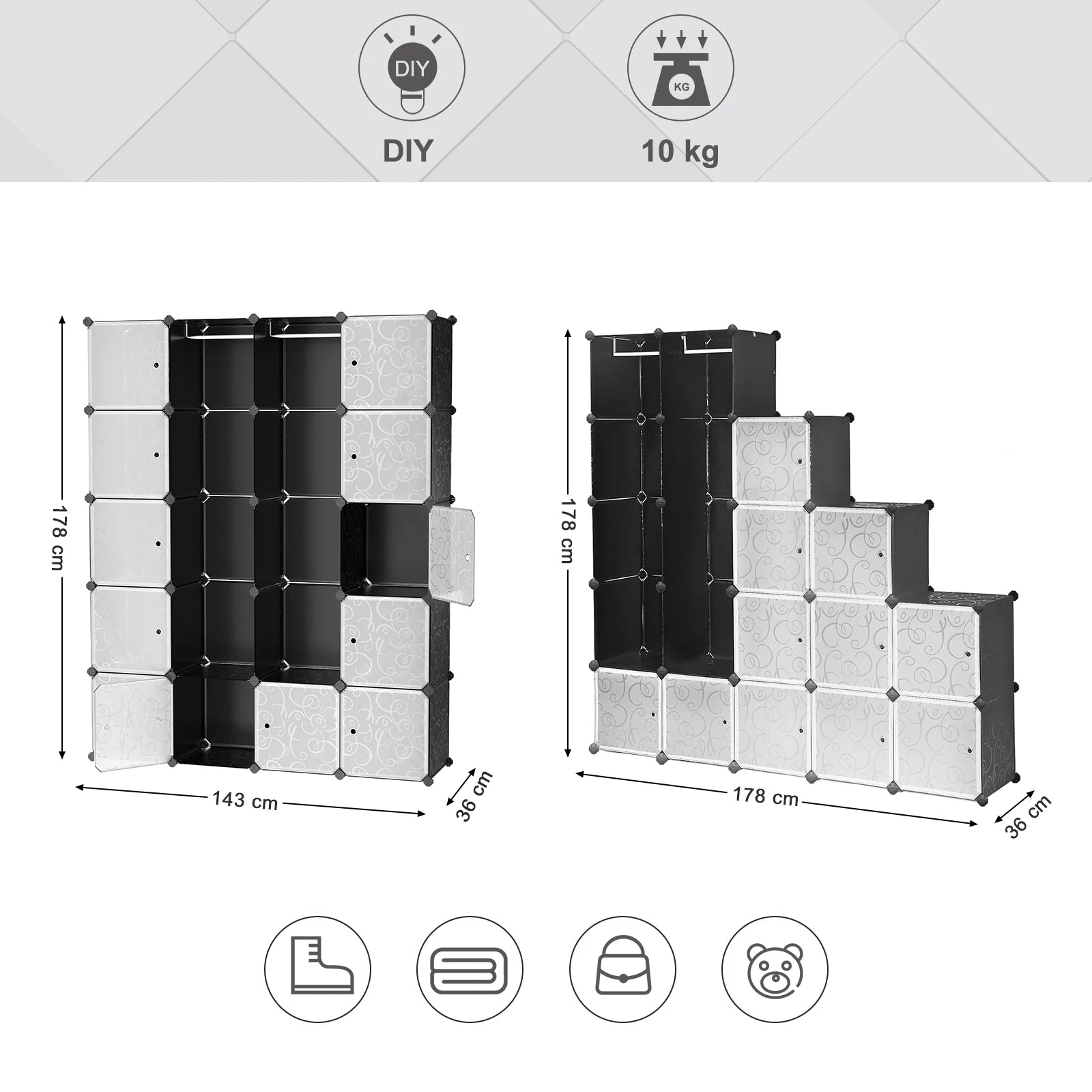 SONGMICS Closet Wardrobe Storage System with 2 Racks 178x143x36cm