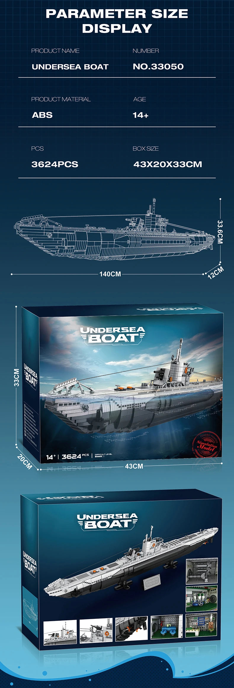 3624PCS U Shaped Submarine Building Blocks Undersea Boat Model Bricks With Base Bracket Desktop Ornaments Kids DIY Toys Gifts