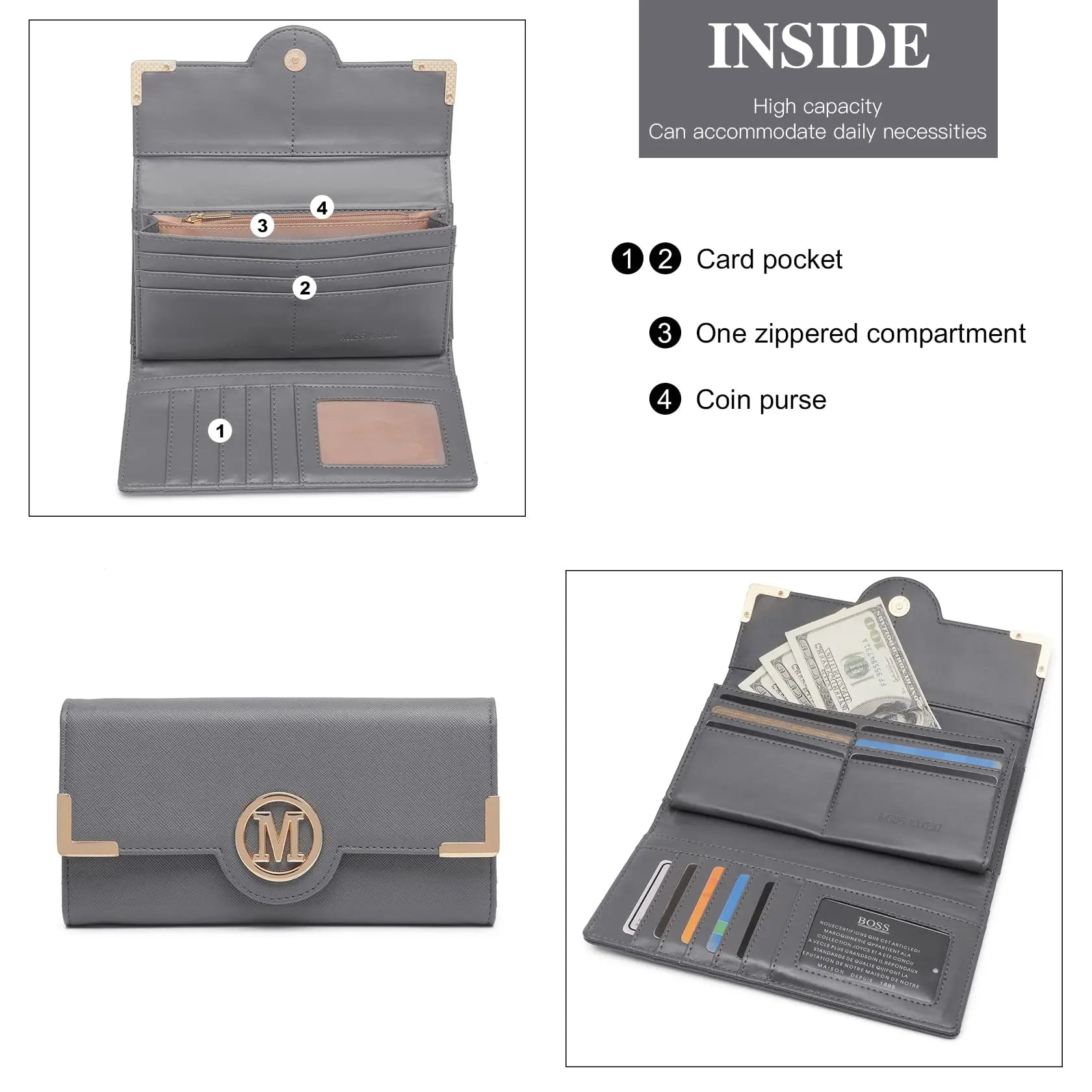Miss Lulu WOMEN'S purse Long Wallet with zipper PU leather Card hand fan keys Holder Phone Case