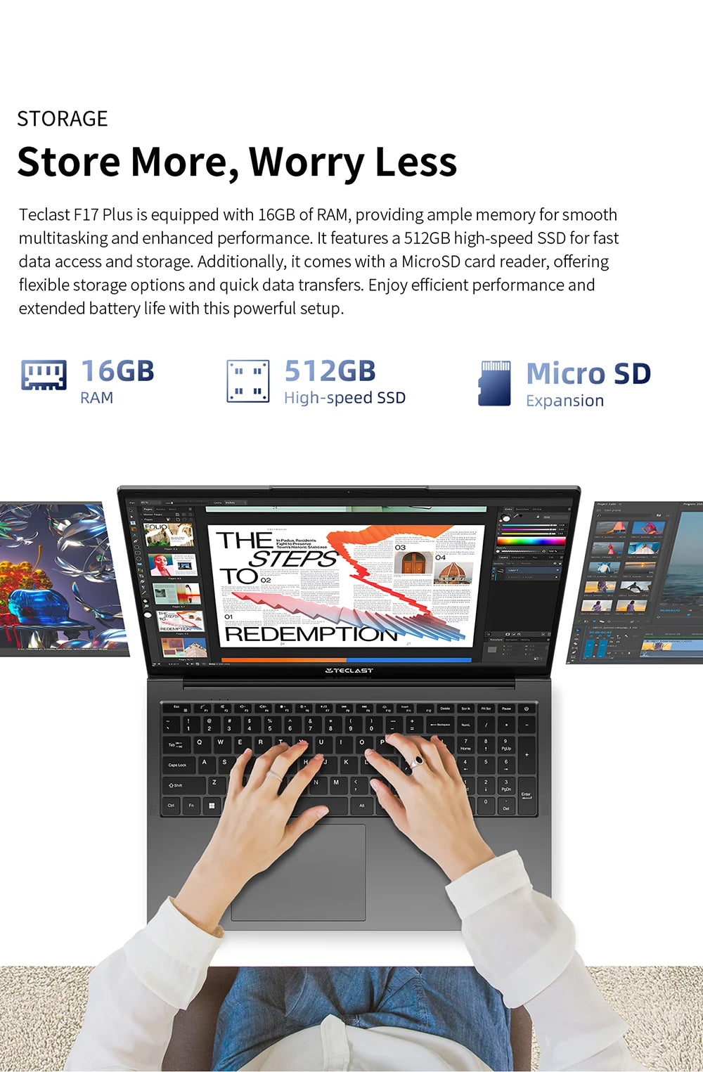 Teclast F17Plus Laptop, 17.3 Inches, for Intel N150, 16Gb Ram 512Gb Ssd, Windows 11 Pro, Notebook with 180 Rotation °   Mini-Hdmi Backlit Keyboard