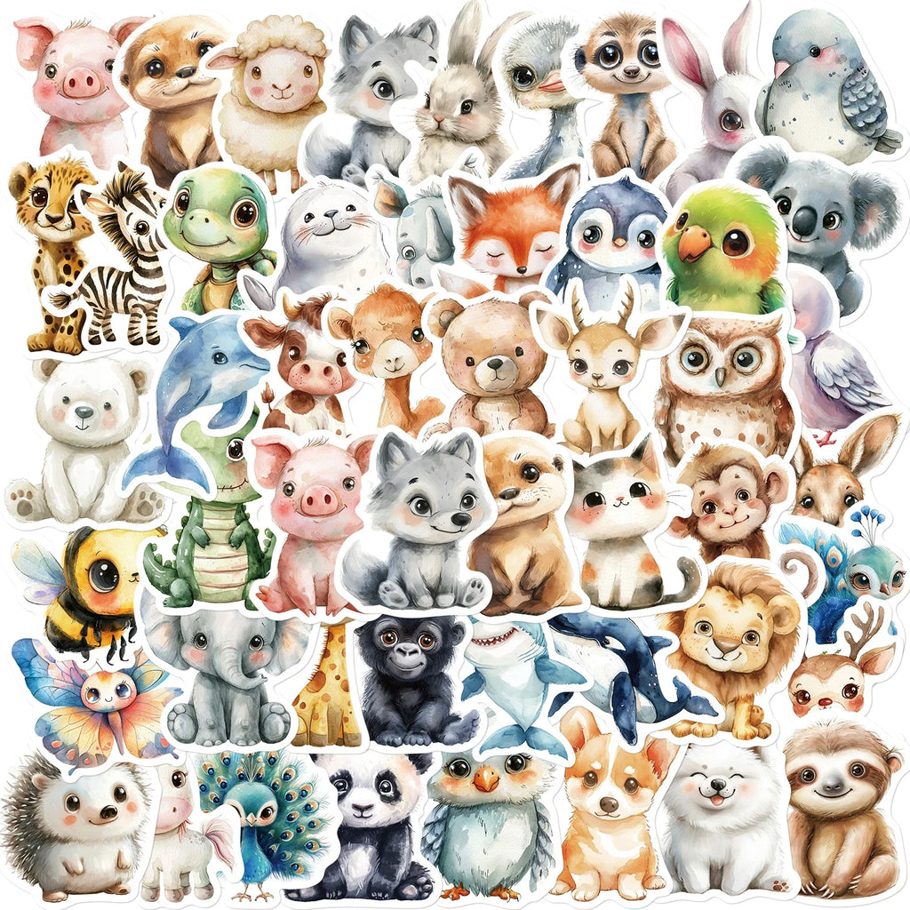 50PCS Cute watercolor animal cartoon graffiti sticker DIY skateboard phone laptop waterproof cool sticker, sticker toy