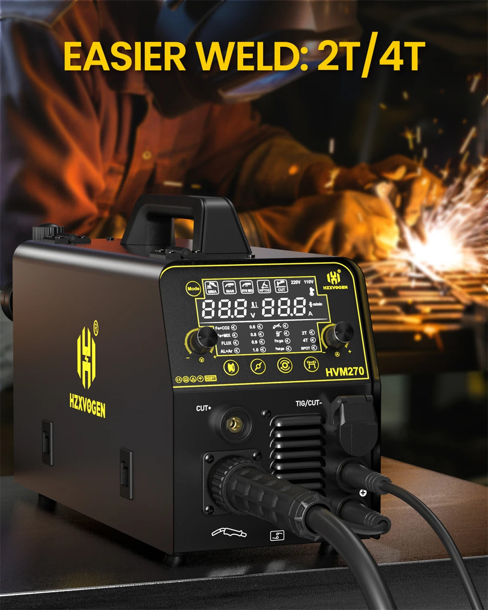 HZXVOGEN HVM270 6 in 1 Aluminum Welding Machine Cut/Gas MIG/Gasless MIG/HF TIG/MMA Digital Screen 2/4T Inverter Welder Stainless